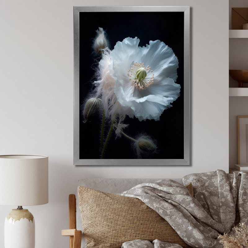 Coquelicots vibrants noirs et blancs sur toile, Cadre photo argenté, H 40 po x l 30 po x P 1,5 po