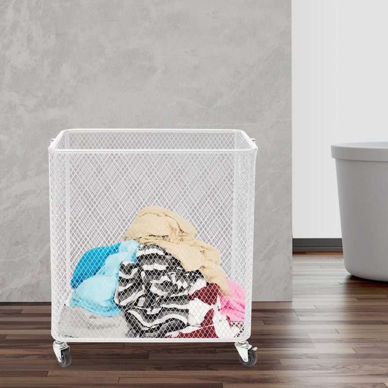 Metal Mesh Laundry Storage Cart, Laundry Basket With Wheels, White