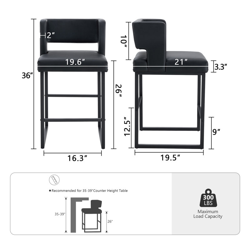 Faux Leather Upholstered Counter Bar Stool (Set of 2), Black, Black