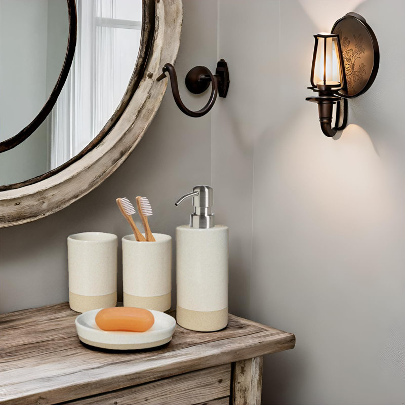 Ensemble d'accessoires de salle de bain 4, distributeur de savon beige pour la salle de bain, porte-brosse à dents, gobelet et porte-savon, essentiels pour nouvel appartement, décoration de salle de bain beige moderne (rustique)