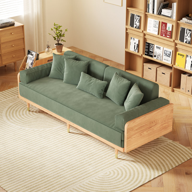 Grimpante Horta Green Corduroy Sofa Bed With Wood Frame, Wood