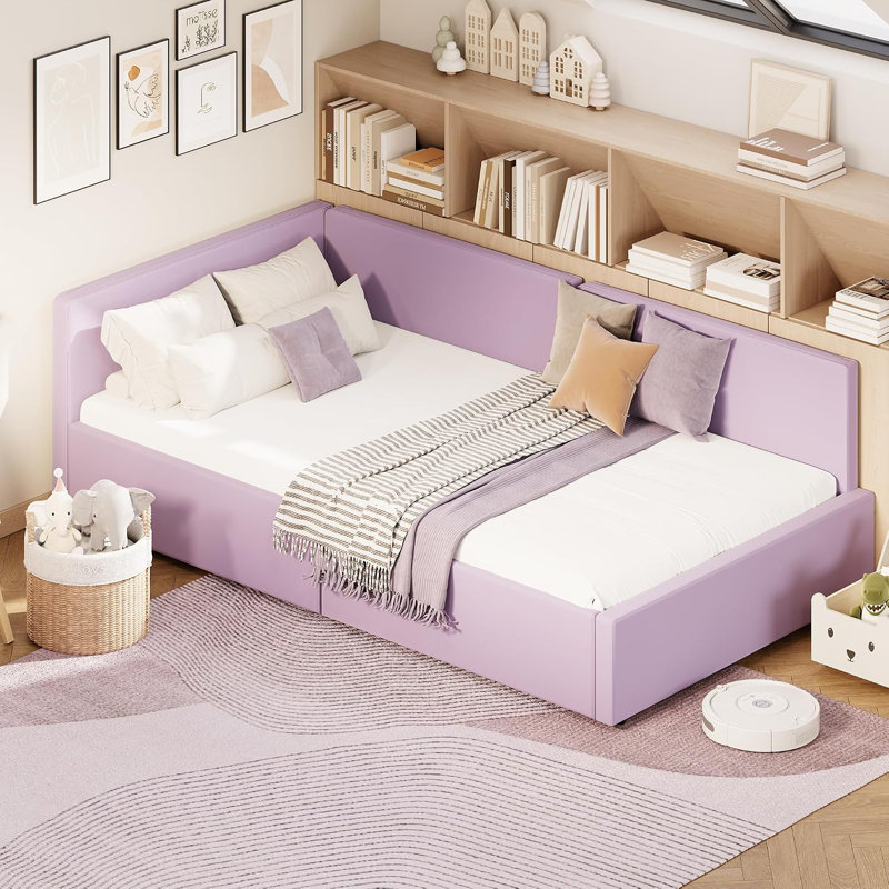 Lit de jour simple avec tête de lit, revêtement en velours violet | Cadre de lit en coin avec barrière de sécurité pour salon ou chambre à coucher, montage facile