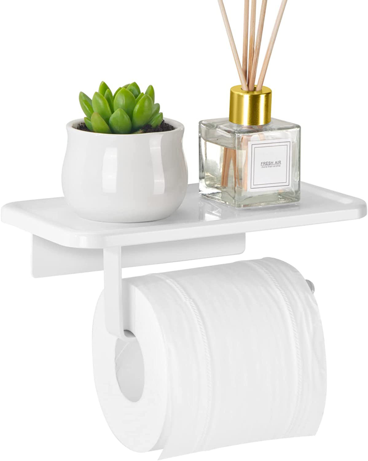 Toilet Paper Holder with Phone Shelf+ Two AdhesiveTowel Robe Hooks, Self  Adhesive or Screw Wall Mounted Toilet Paper Roll Dispenser, Rustproof