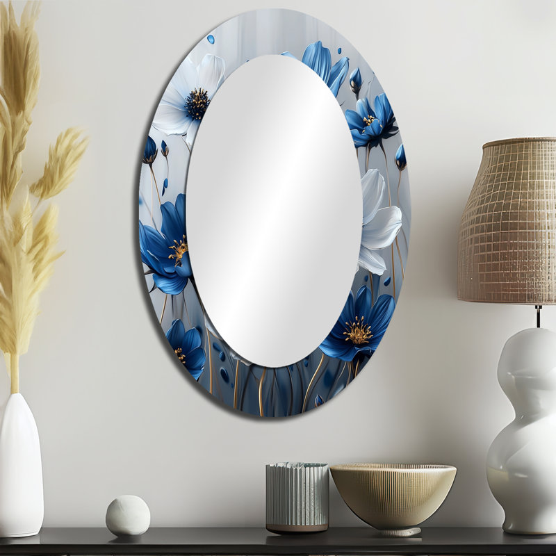 Meadows of Blue Cornflowers IV - Miroir mural ovale bleu, 36 po x 24 po