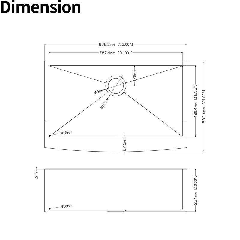 33"X21"X10" Sink - Stainless Steel, Single Bowl, Dent-, Rust & Stain- Basin Aspect, Easy To Maintain, , 16 Gauge, Brushed Nickel Style Surface Treatment Feature, Wipe, Gauge
