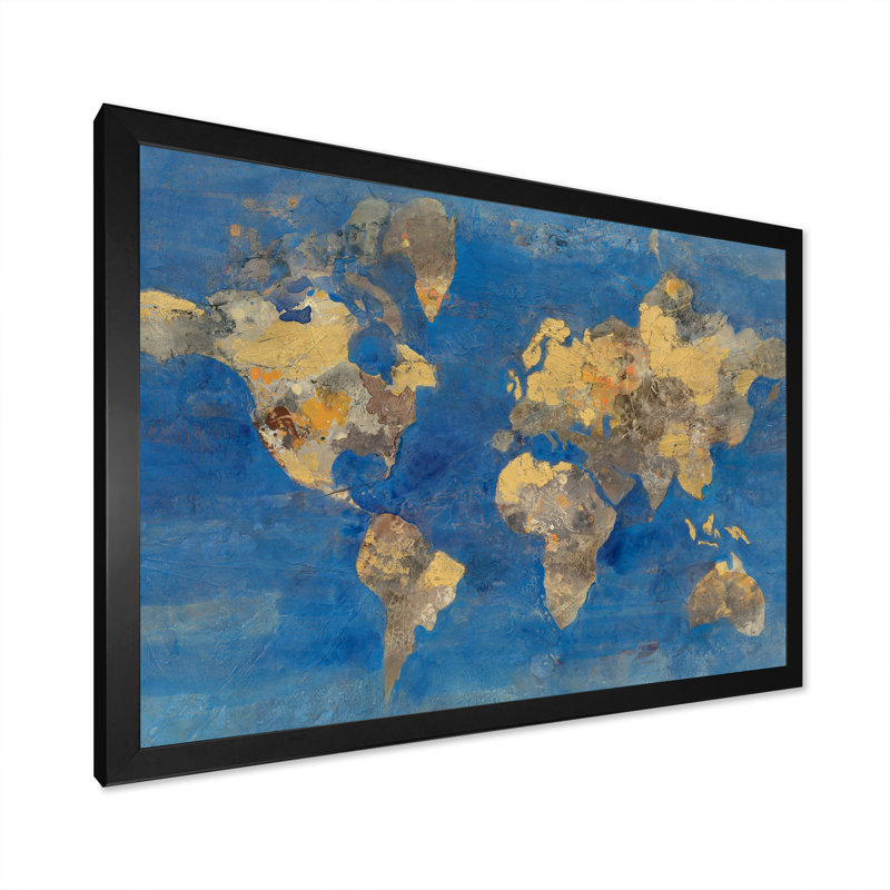 « golden glam world map », reproduction d’image sur toile, H 36 po x l 46 po x P 1,5 po, Cadre noir