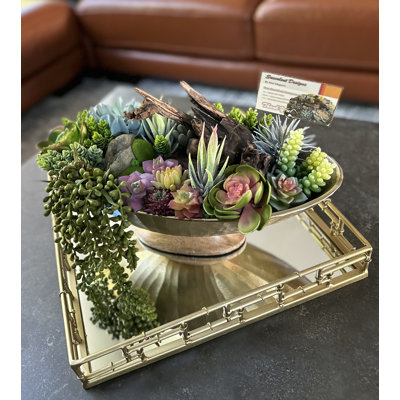 Succulent Design on Gold Metal and Wood Vase Faux Plants for Personalized Gift
