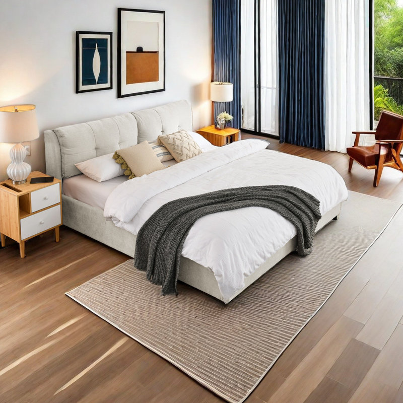 Lit plateforme tapissier avec rangement Botelho, Beige, Très grand