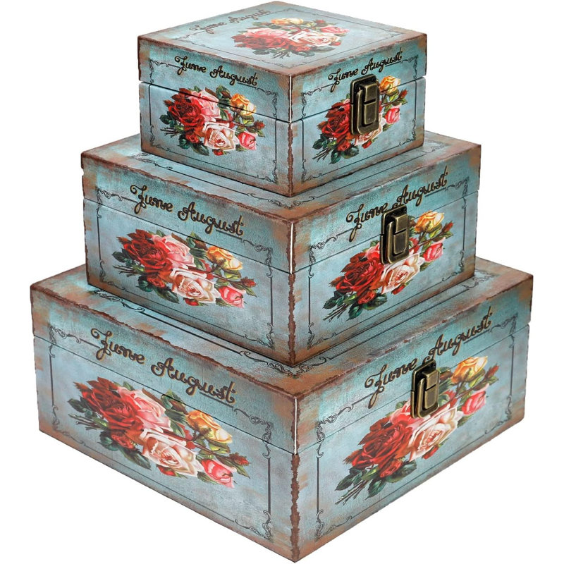 Caisses de rangement en bois avec loquet, lot de 3, Bloom