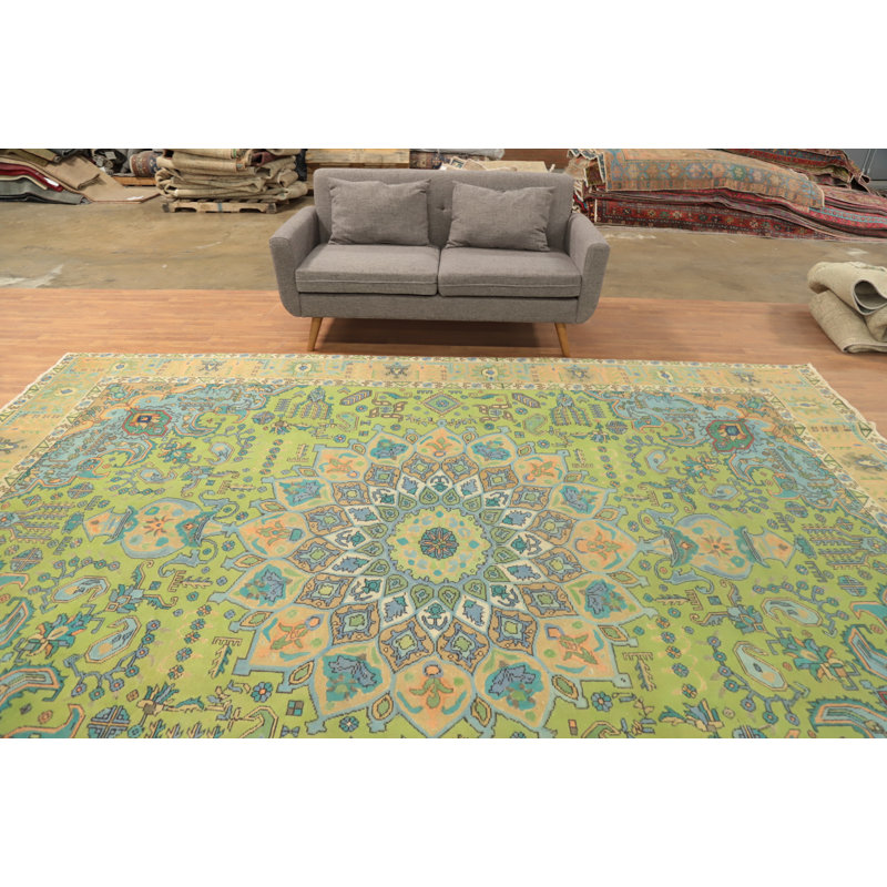 Tapis traditionnel vert en laine 10 x 13