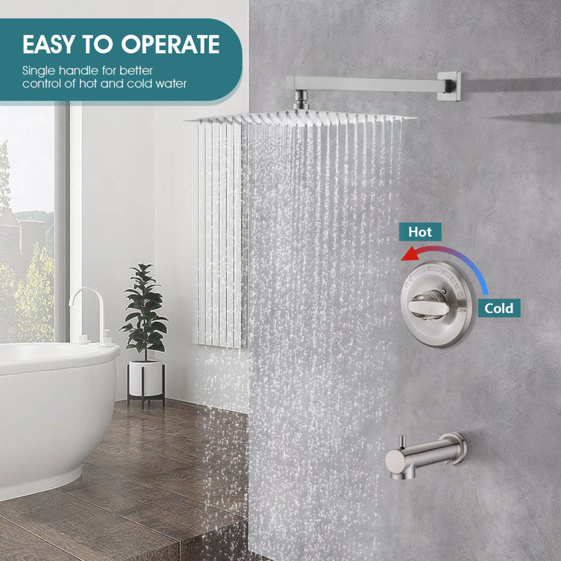 Faucet Shower Trim Kit With 12" Square Rain Shower Head (Valve/Cartridge Not Included), Brushed Nickel