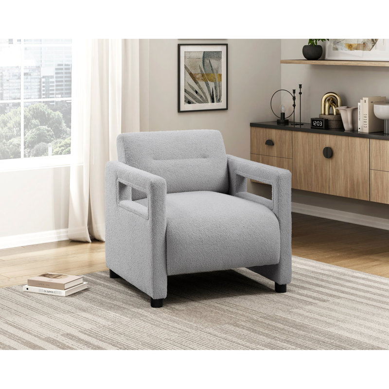 Fauteuil luxueux gris, assise de 18,5 po de hauteur, structure en contreplaqué, conception moderne de style Boucle, largeur de 24 po, fabrication