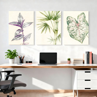 «Botanical Plant Leaves And Bamboo», ensemble de 3 reproductions d'art sur toile tendues sur toile pour salon, chambre à coucher ou bureau