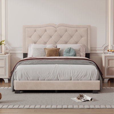 Deland Upholstered Bed Frame With Rivet Design, Modern Velvet Platform Bed With Tufted Headboard -  Alcott HillÂ®, D8C6B31A2AE741B9942D2929F460A0DB