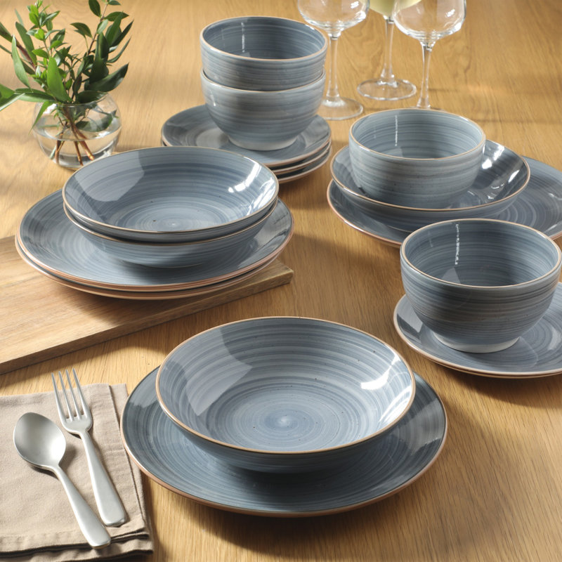  Assiettes et bols 16 pièces Stonebury - Service de vaisselle en grès peint à la main - Service pour 4, Bleu