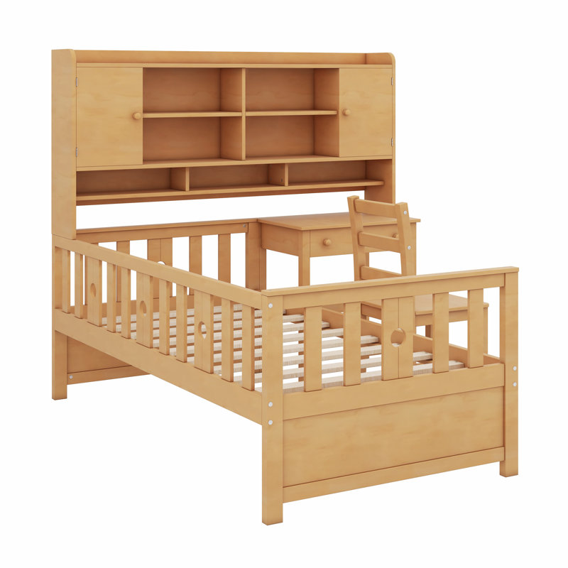 Multifunctional Wood Platform Bed With Bookshelf At The Head Of The Bed, Built-In Desk And Matching Chair