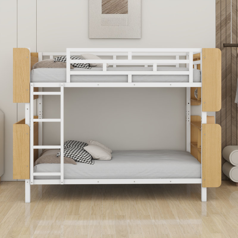 Lit superposé en métal avec échelle et garde-corps, espace de rangement, Simple sur simple, Blanc / Naturel