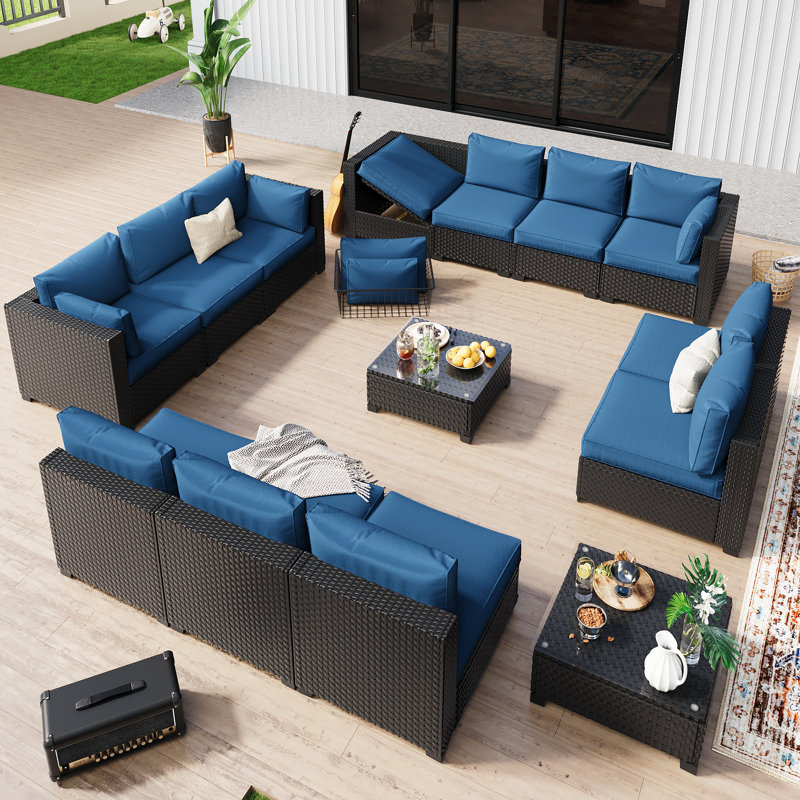 Ensemble de conversation modulaire en osier durable pour 12 personnes, Bleu, Noir: siège réglable en hauteur