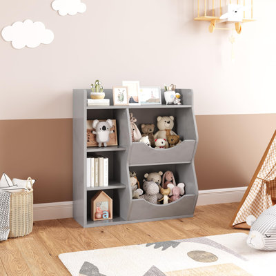 5-Cubby Kids Toy Storage Organizer, 2 Tier Bookshelf with Storage Cabinet for Boys and Girls, Wooden Bookcase for Playroom, Kids Room, Nursery, Kindergarten