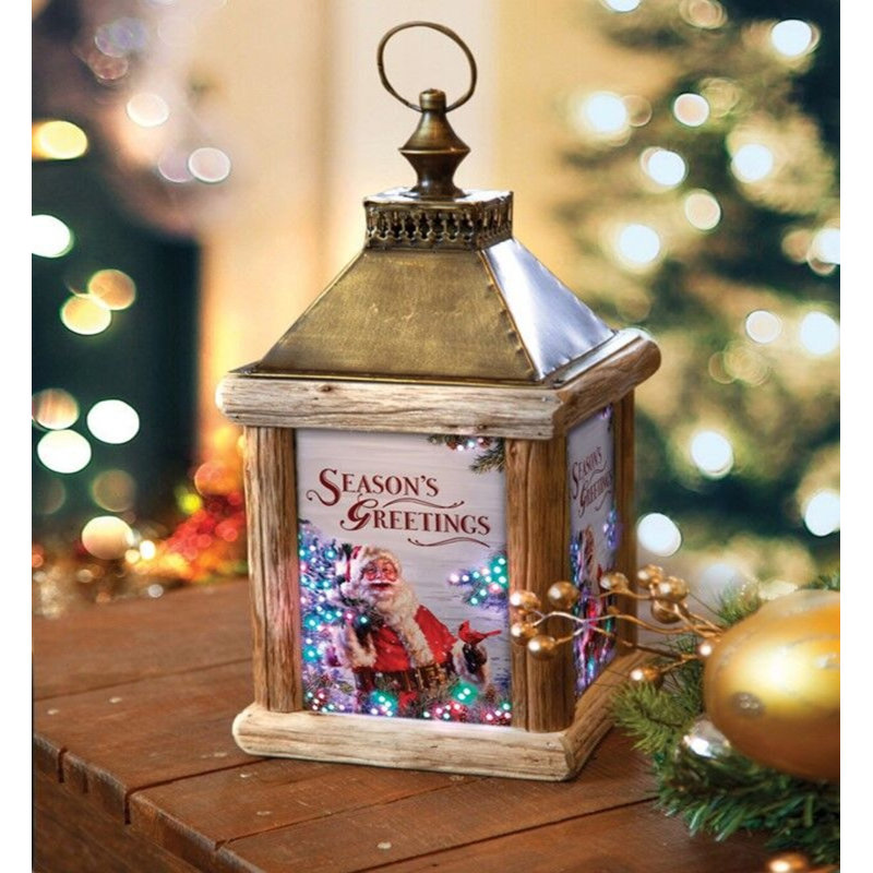 Lanterne de Noël à fibre optique manuelle en bois de bouleau pour père Noël - H 15,5 po