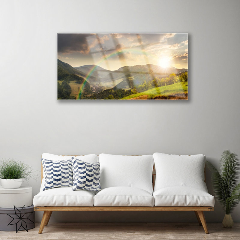 Landscape Sun Rainbow Mountains 1 Piece Wall Art on Glass