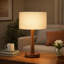 Lampe de table effilée en bois de noyer massif 17,5 "avec abat-jour tambour en lin, lampe de chevet moderne avec base E26 pour chambre à coucher, salon-1180501228