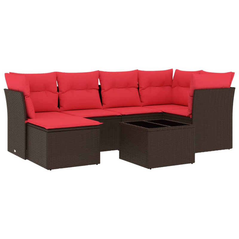 Ensemble de canapé de patio 7 pièces avec coussins en rotin de polyester, Rouge, Brun