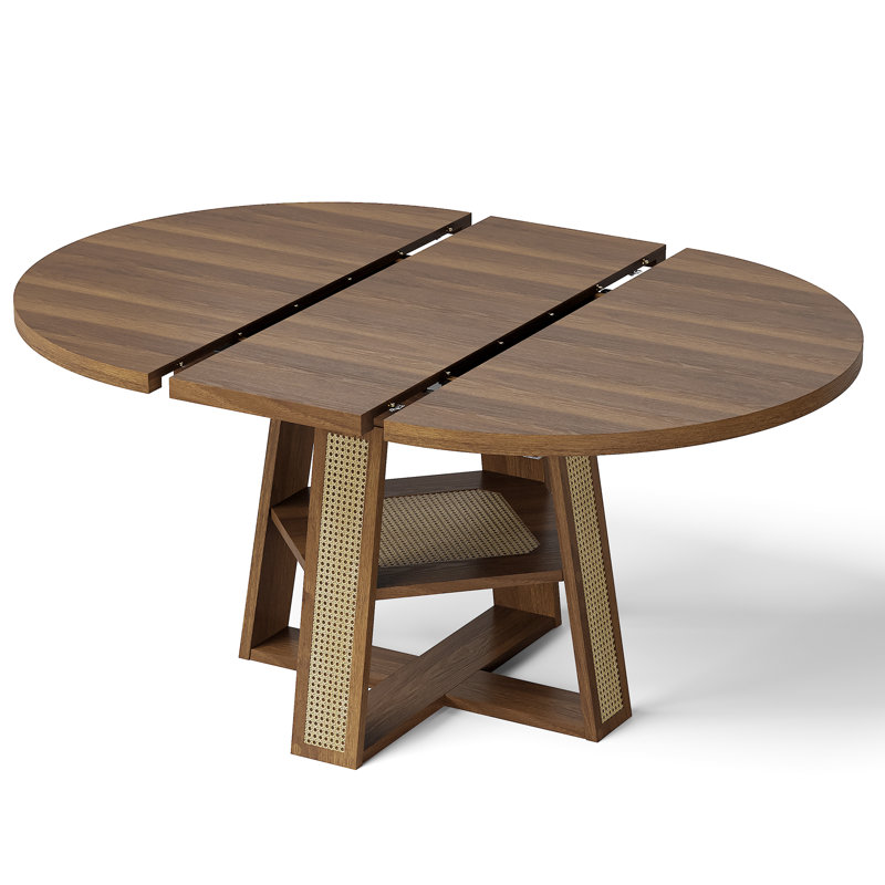 Table de salle à manger extensible de 109 à 150 cm, ronde à ovale avec tablette de rangement, 4 à 8 couverts, rallonge amovible, pour cuisine et salle à manger, noyer
