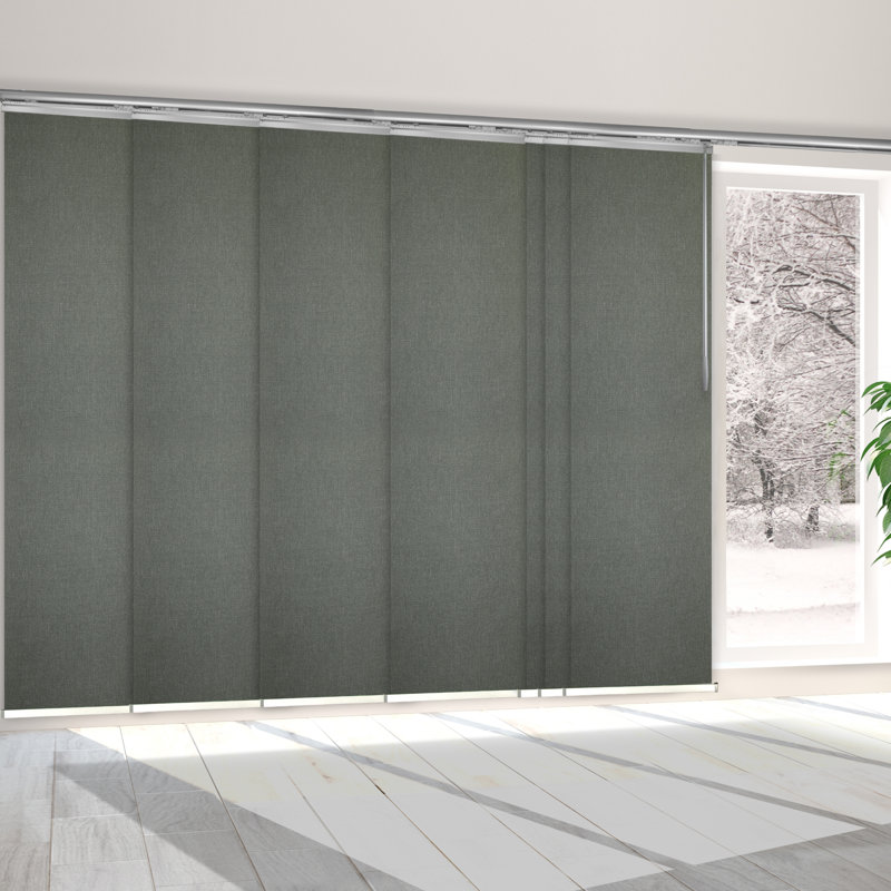 Frey 7-Panel Single Rail Panel Track Extendable 110"-153"W x 94"H, Panel width 23.5", Satin Nickel/Dark Gray