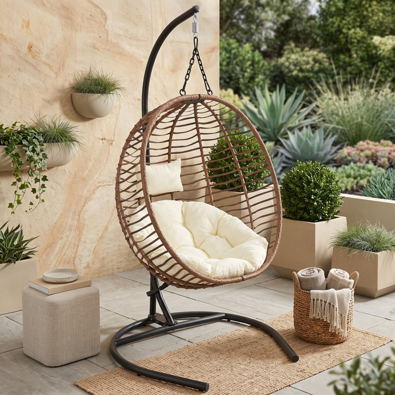 Fauteuil à œufs pliant en osier avec support en métal, coussins, appui-tête réglable et pieds antidérapants, Brown Beige