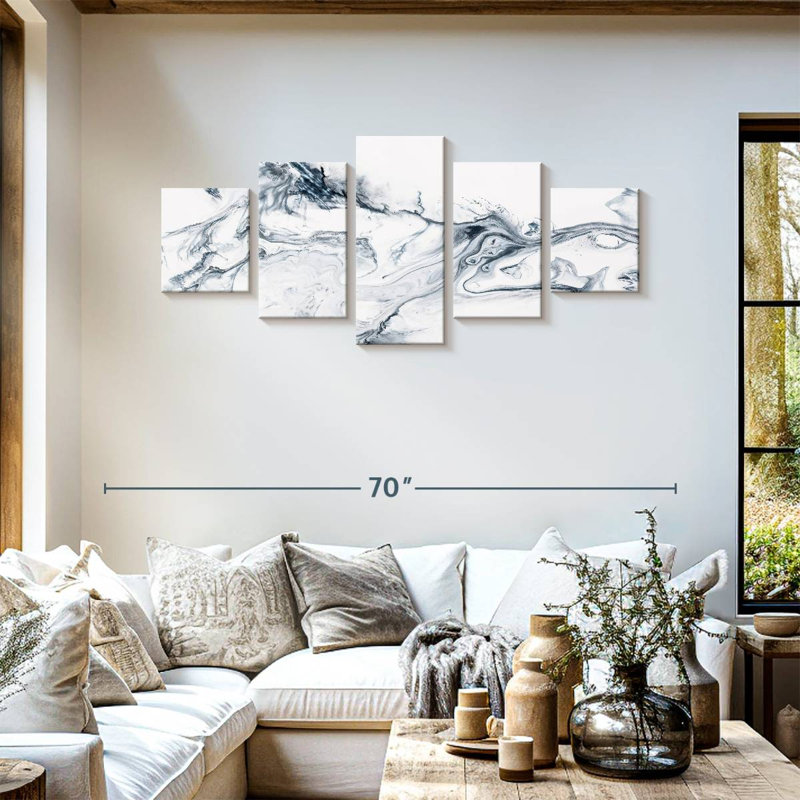 Gris et blanc abstrait 5 pièces, H 55 po x l 24 po x P 1,25 po