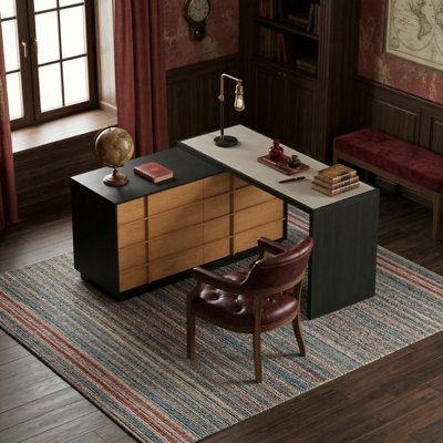 Extendable Vanity Desk With Wood Storage Cabinet, Leather Top & 6 Drawers