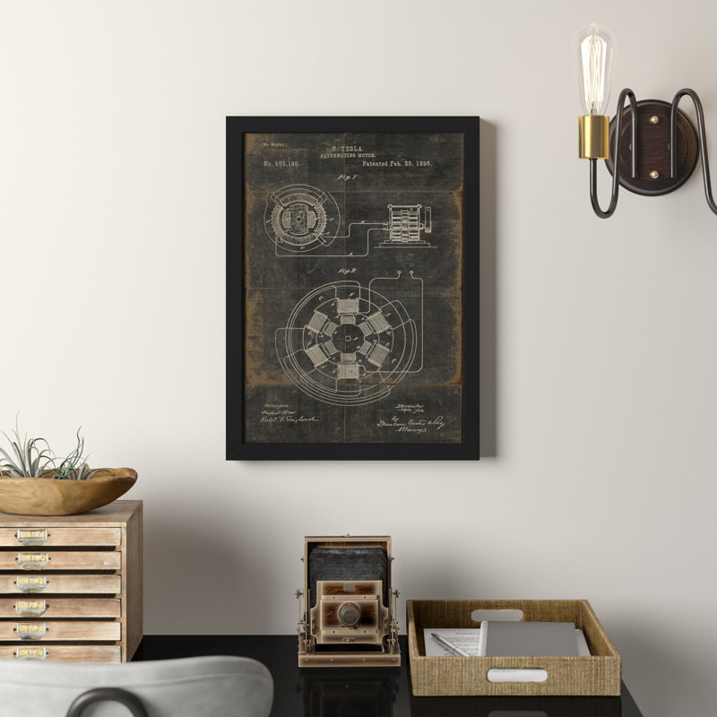 « tesla alternating motor brevet », impression encadrée, Noir, H 17,13 po x l 12,63 po