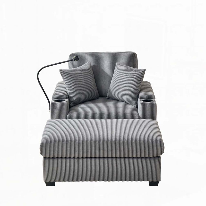 Méridienne rembourrée avec repose-pieds, support pour téléphone portable et port de charge USB Corduroy, Gris