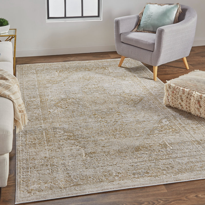 Tapis beige tissé à la machine Ferraro, Rectangle 3 pi 11 po x 6 pi