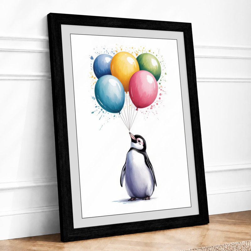Penguin and Balloons Whimsical - Framed Print, Black, A4 - 29.7 x 21.0 cm