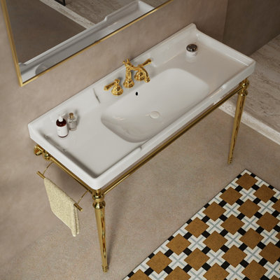 Bathroom Console Sink, Wall-Mounted Ceramic Vanity Basin With 3 Pre-Drilled Faucet Holes, Freestanding Stainless Steel Support Legs With Towel Bar