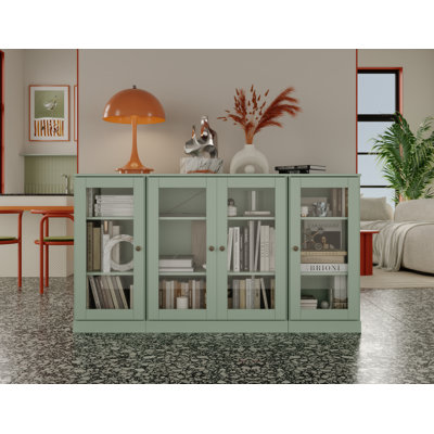 100% Solid Wood 65" Sideboard with Clear Glass Doors and Adjustable Shelves