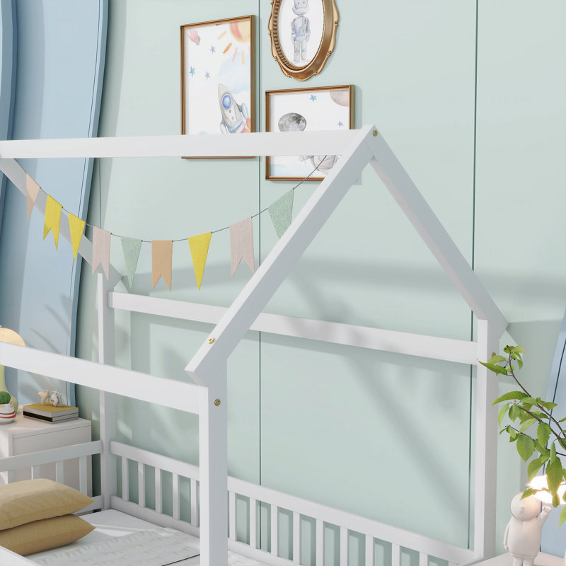 Twin Size House Floor Wooden Frame Materialen Bed Frame With Roof Frame,Safety Guardrails, Twin, White