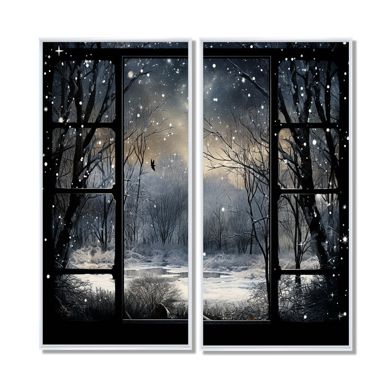 «Midnight Gothic Winter Window View I - Large Winter Landscape», art mural, H 40 po x l 40 po, Blanc