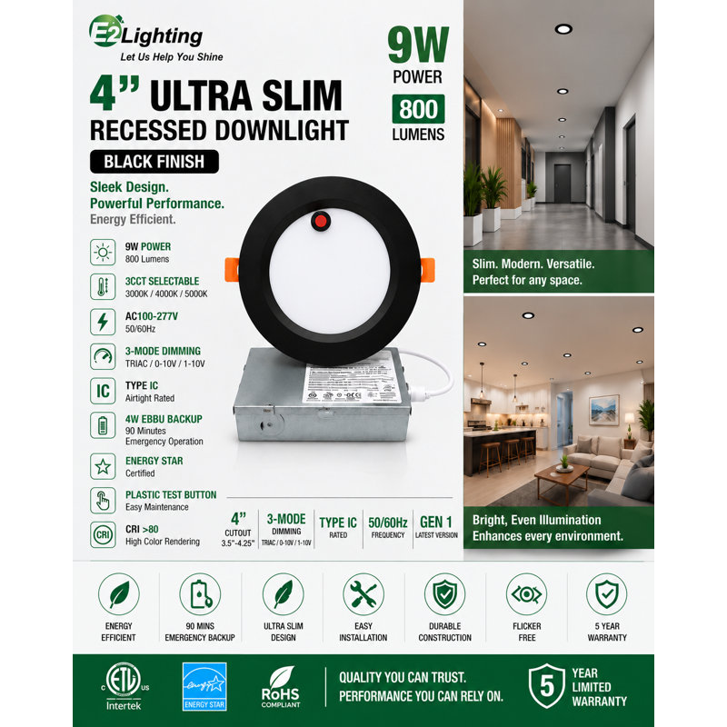 Éclairage encastré ultra-mince à DEL de 4 po 9 W E2 Lighting avec secours d'urgence de 4 W, 3 TCE, noir, intensité variable Triac