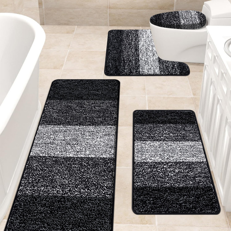 4 Piece Soft Absorbent Microfiber Bath Rug Set with Non-Slip Backing, Black