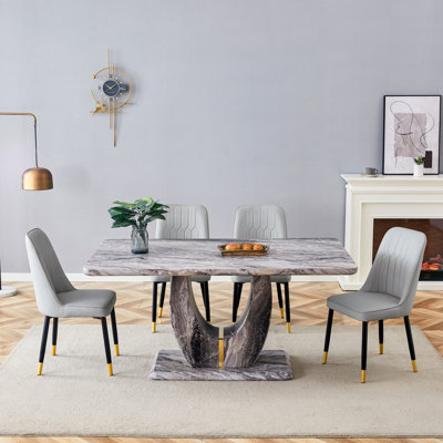 Ensemble de table de salle à manger 63 "gris moderne avec chaises en cuir de polyuréthane, base en panneau de fibres à densité moyenne en U