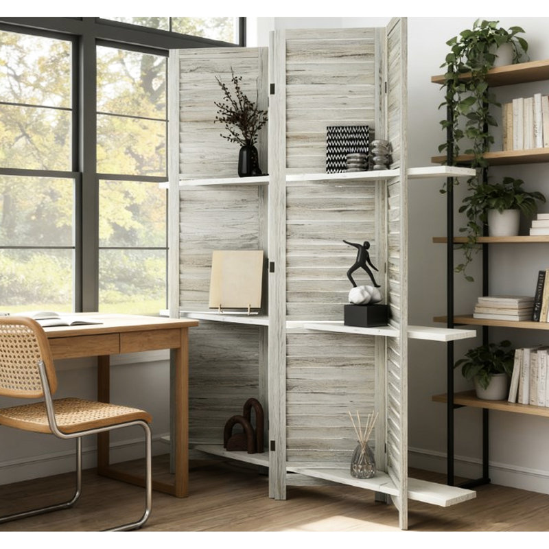 Paravent d'intimité, bois à quatre panneaux, conception pliante pour un rangement facile, décoration à trois tablettes, charnières en acier, espace de vie et de bureau, option de rangement en bois, tablettes de présentation, bon