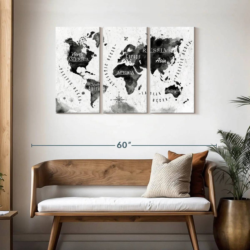 Carte du monde à l'encre noire d'Aliaz, H 28 po x l 45 po