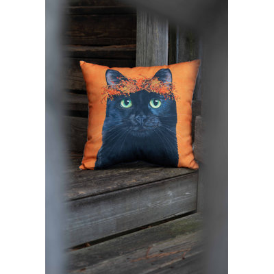 Cute Black Cat with Autumnal Wreath Fall Harvest Throw Pillow 18" x 18"