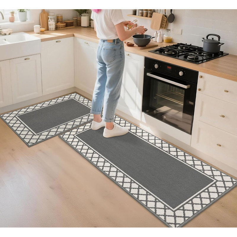 2Pcs Absorbent Kitchen Runner Rugs Non-Slip TPR Washable Standing Mat-60x89cm+60x152cm, Grey, Runner 50cm x 122cm