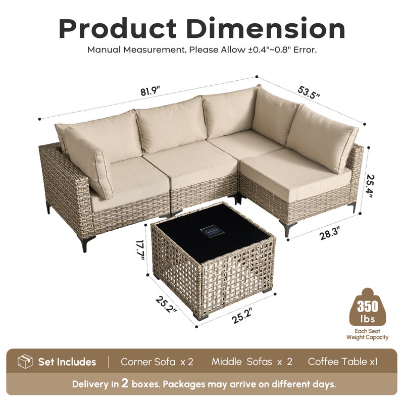 Ensemble de mobilier d'extérieur 5 pièces avec canapé modulaire en osier et table basse éclairée Sorella