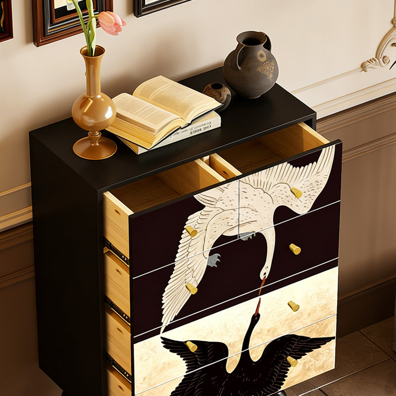 French Vintage Black White Swan 5-Drawer Cabinet