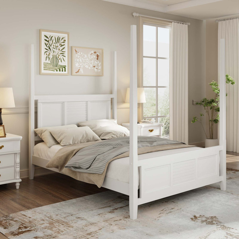 Lit à baldaquin traditionnel en bois massif avec grille horizontale, Blanc, Grand